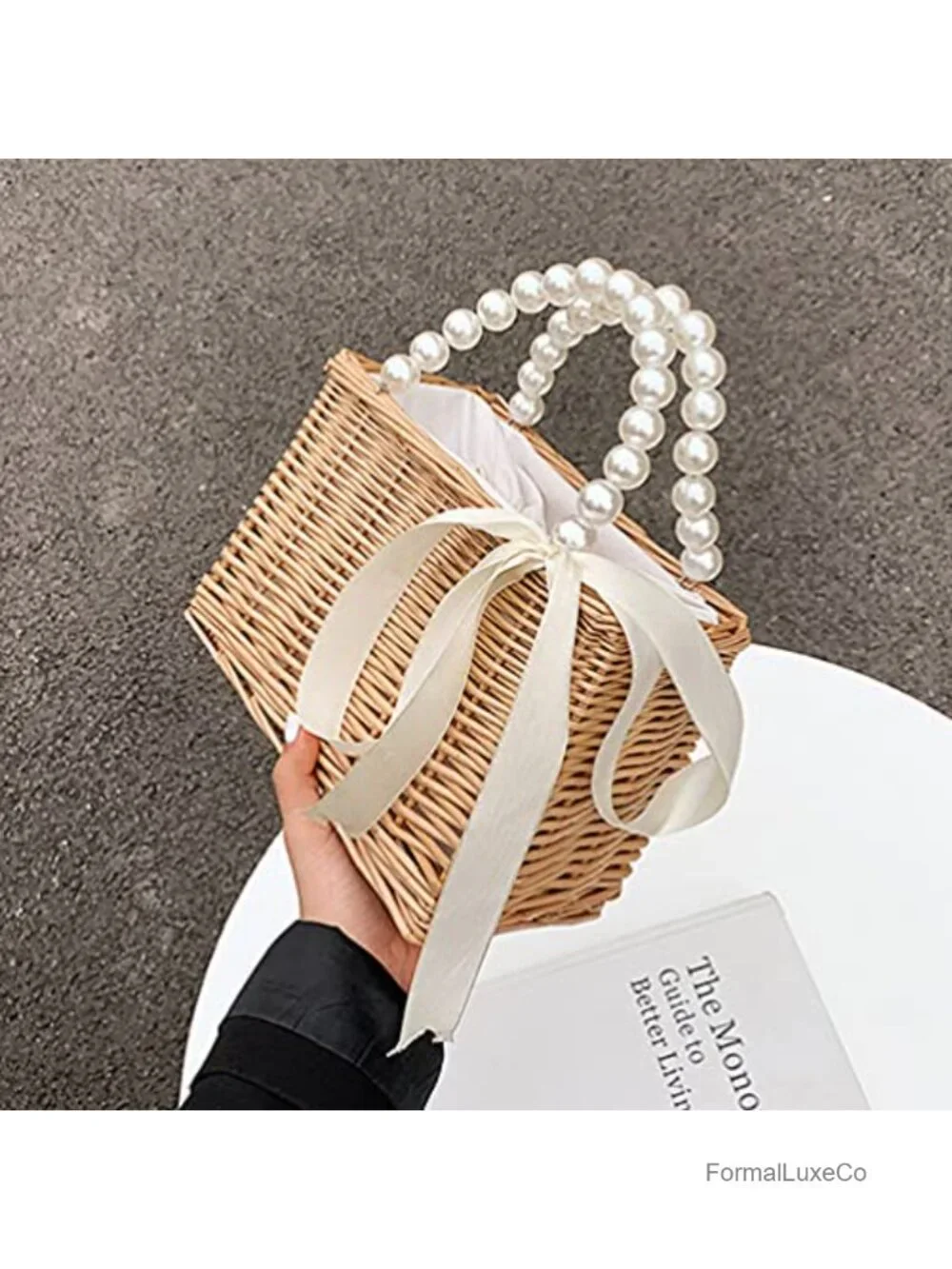 Woven Straw Pearl Handle Drawstring Tote Beach Handbag Women